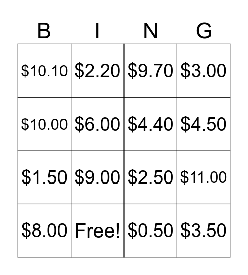 Money Bingo Card