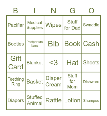 Baby Shower Bingo Card