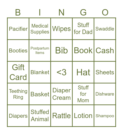 Baby Shower Bingo Card