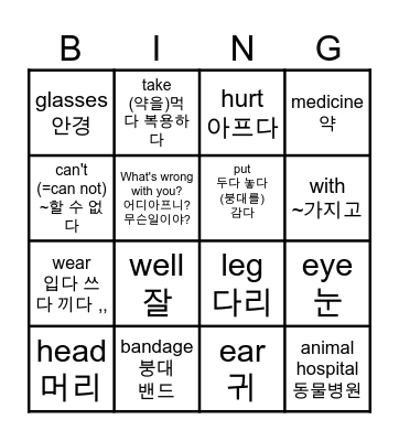 Body Parts Bingo Card