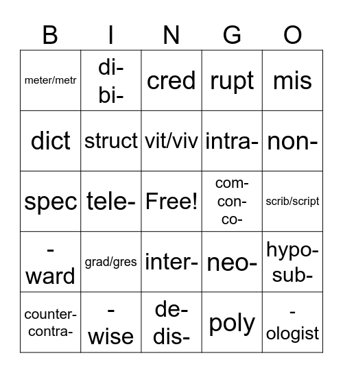 Morphology Bingo Card