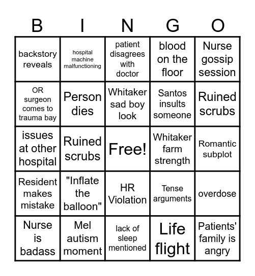 The Pitt Bingo! Bingo Card