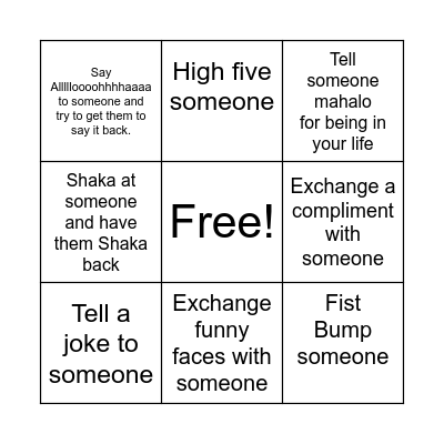 Aloha in Action Bingo Card