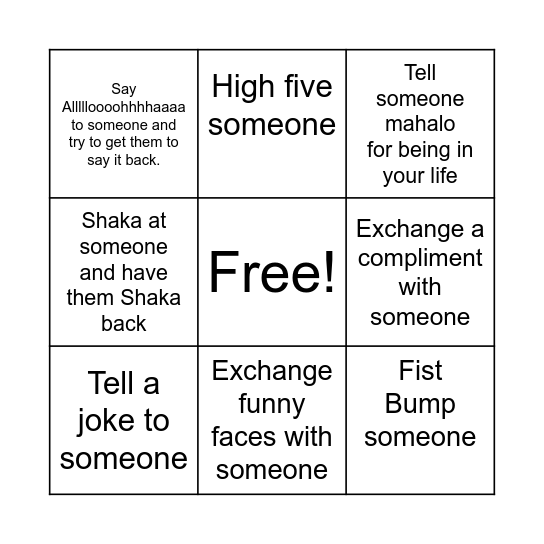 Aloha in Action Bingo Card