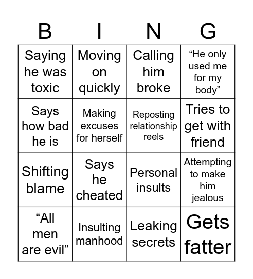 Breakup Bingo Card