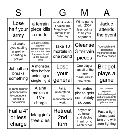 Age of Sigmar drinking game Bingo Card