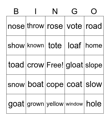 Long O Vowel Teams Bingo Card