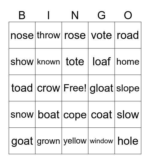 Long O Vowel Teams Bingo Card
