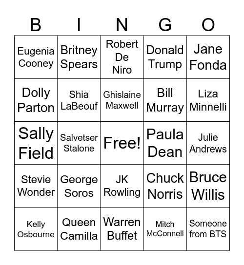 Celebrity Death Bingo 2026 Bingo Card