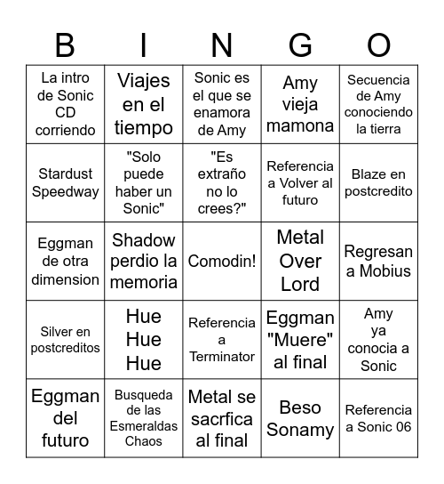 Sonic 4 Bingo Card