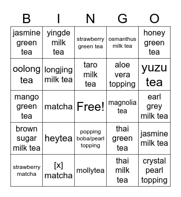 bubble tea Bingo Card