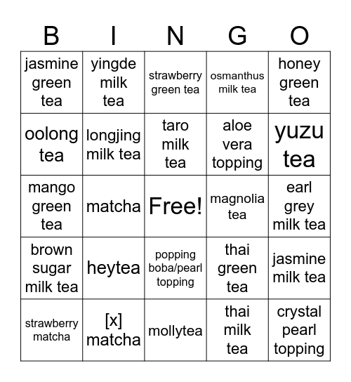 bubble tea Bingo Card