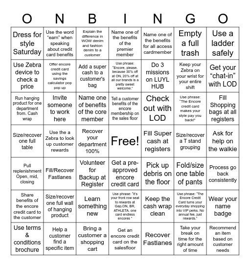 Old Navy Bingo Card