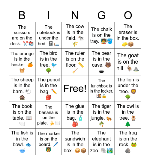 B6 L9 (easier) The apple is on the desk. 🍎📚 Bingo Card