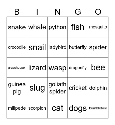 Animals Bingo Card