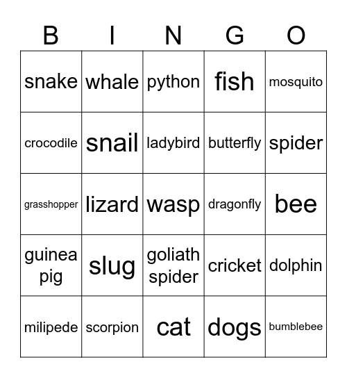 Animals Bingo Card