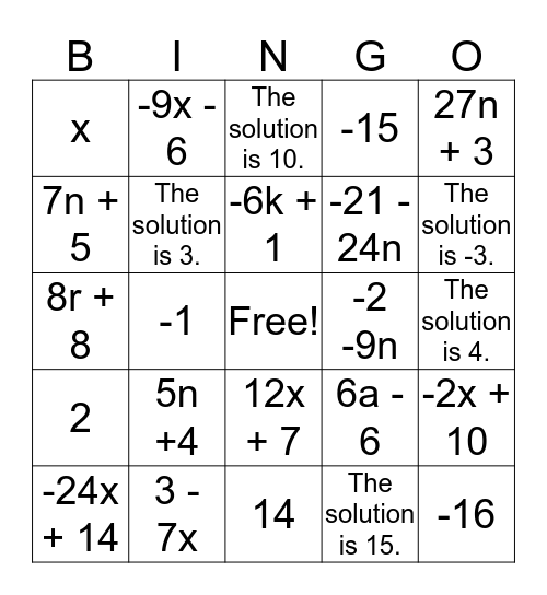 Multi-Step Equations BINGO Card