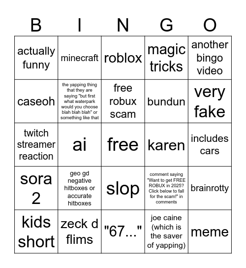 YT SHORTS BINGO\ Bingo Card