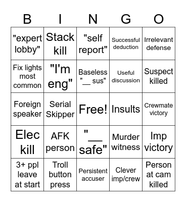 Among Us Bingo Card