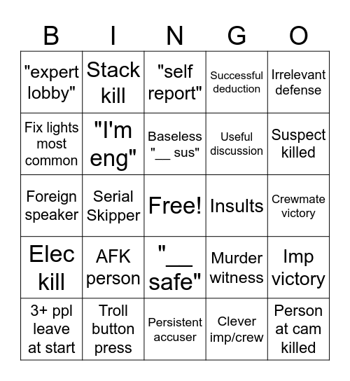 Among Us Bingo Card