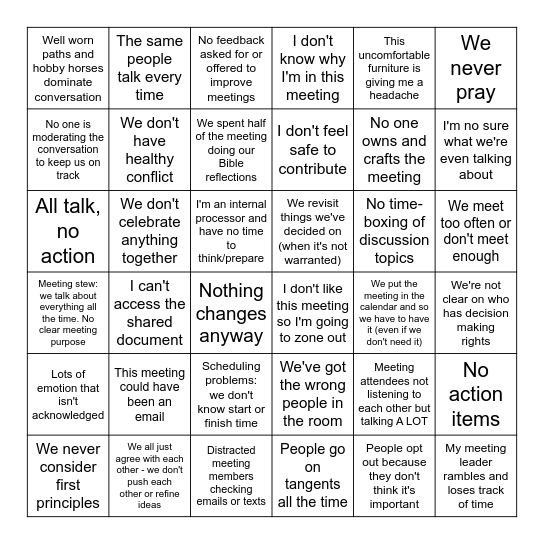 Bad Meeting Bingo Card