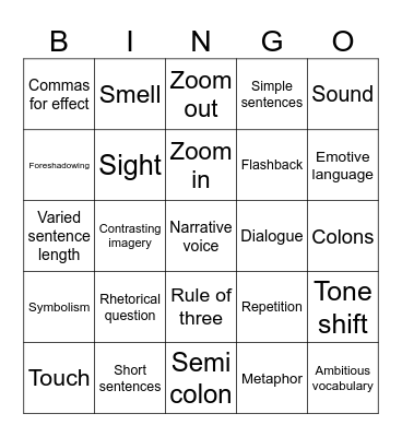 Creative Writing Bingo Card
