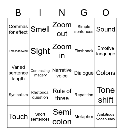 Creative Writing Bingo Card