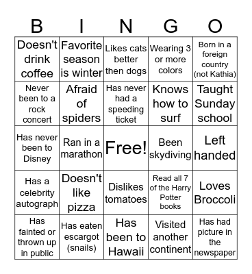 Getting to know you Bingo Card