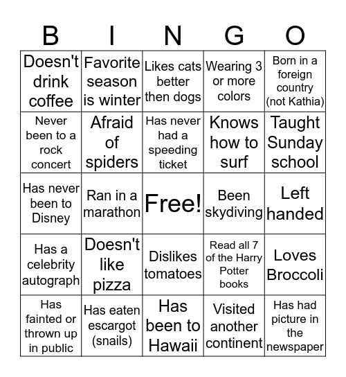 Getting to know you Bingo Card