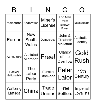 Colonial Australia Revision Bingo Card