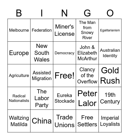 Colonial Australia Revision Bingo Card