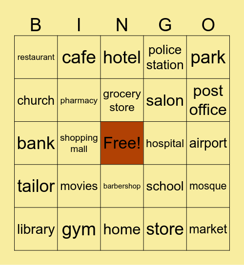 Places Bingo Card