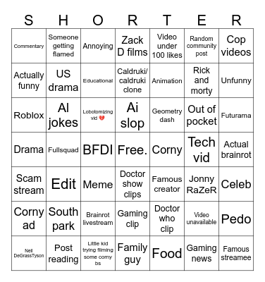 Yt shorts bingo Card