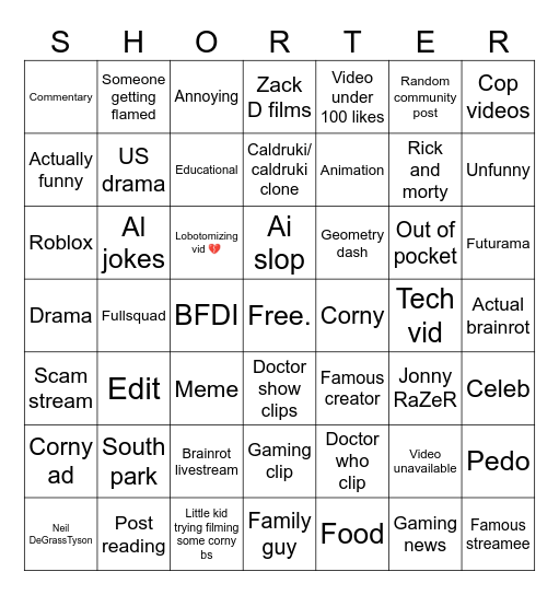Yt shorts bingo Card