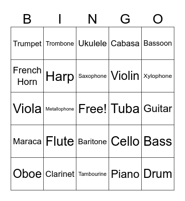 Instrument Families Bingo Card