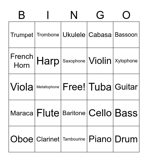 Instrument Families Bingo Card