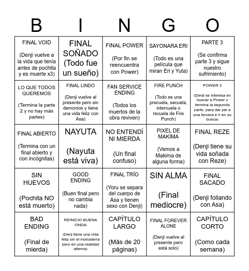 CHAINSAW MAN CAPÍTULO FINAL Bingo Card