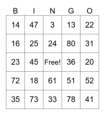 Multiplication Bingo Card