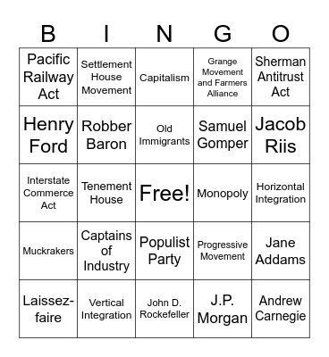 Industrialization and Urbanization Bingo Card
