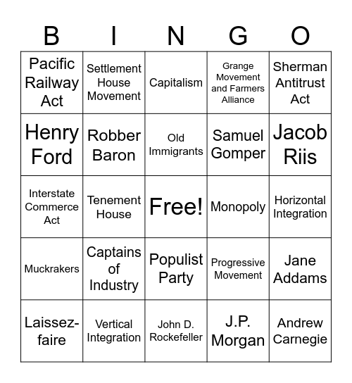 Industrialization and Urbanization Bingo Card