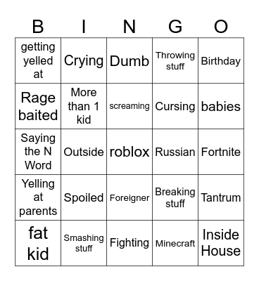 Angry kids Bingo Card