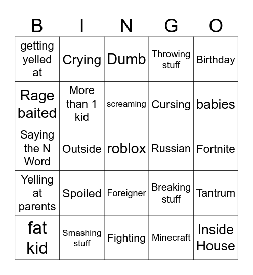 Angry kids Bingo Card