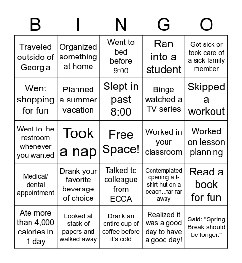 Teacher Spring Break Bingo Card
