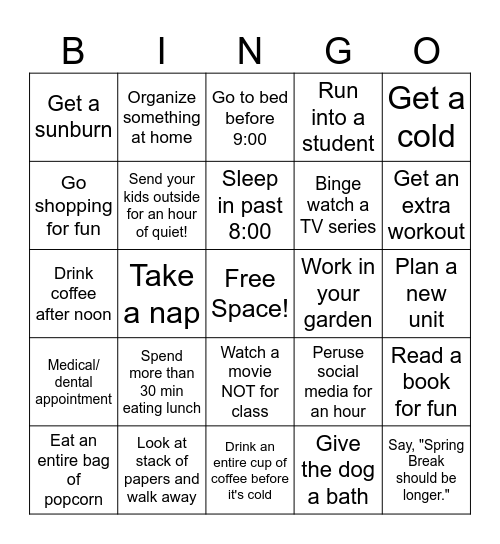 Teacher Spring Break Bingo Card