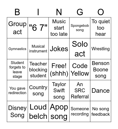 Talent Show Bingo Card