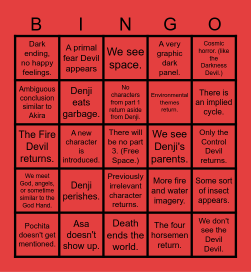 Chainsaw Man Ending Bingo Card