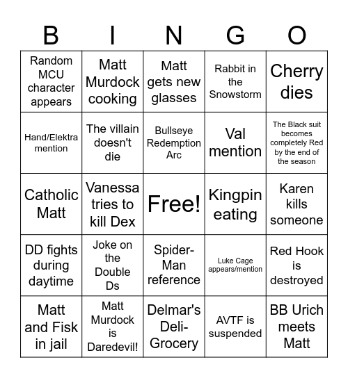 Daredevil Born Again Season 2 Bingo Card