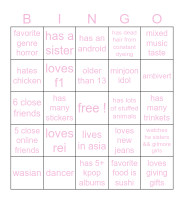 nini bingo 𖹭 Bingo Card