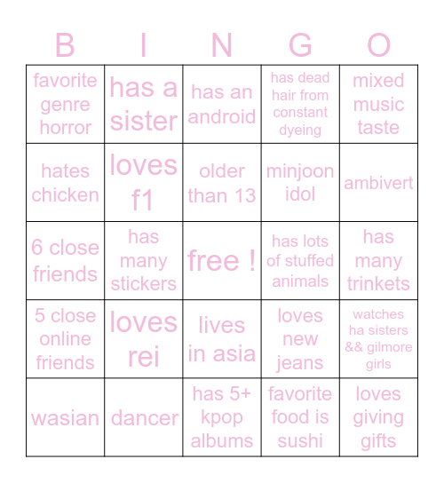nini bingo 𖹭 Bingo Card