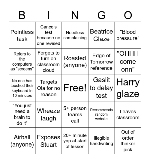 Mr Thompson Bingo Card